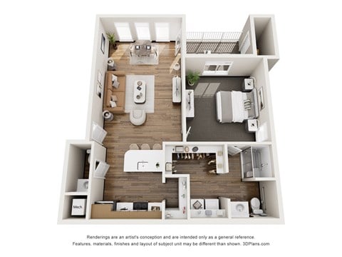 Floor plan for 1 bed, 1.5 baths, 956 sqft